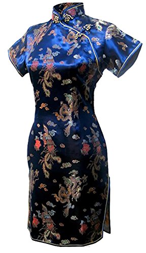 7Fairy Women's Vtg Navy Blue Dragon Mini Chinese Prom Dress Cheongsam