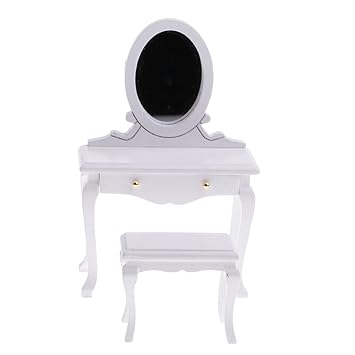 MagiDeal 1/12 Dollhouse Miniature Furniture Bedroom White Wooden Dressing Table and Stool Set