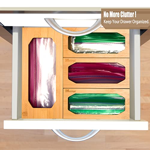 Food Storage Bag Holders, guiogc Bamboo Ziplock Bag Organizer for Drawer, Baggie Organizer Compatible with Gallon, Quart, Sandwich, Snack and Variety Size Food Bags (4 PCS)
