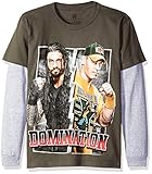 WWE Boys' Big Boys' Reigns/Cena Domination Long Sleeve Two-Fer T-Shirt, Charcoal/Black, Small/8