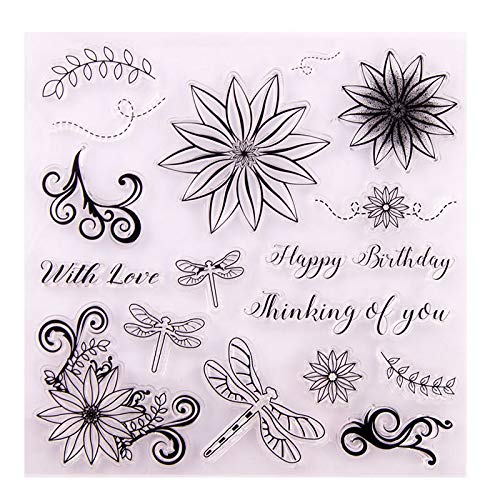 Happy Birthday with Love Thinking of You Sentiments Flowers Dragonfly Clear Stamps for Card Making Decoration and DIY Scrapbooking