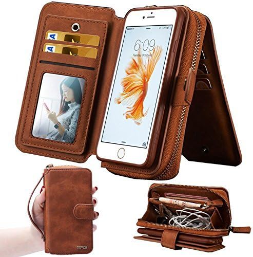 iPhone 7 Case,iPhone 7 Wallet Case,WOOZU Zipper Wallet Purse Type Detachable Magnetic Removable Case Purse Clutch with Makeup Mirror Back Flip Credit Card Holder Cover Case for Apple iPhone 7 4.7inch