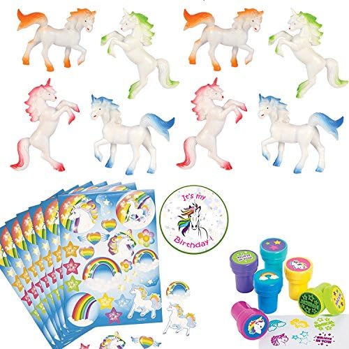 Unicorn Party Favors For 12 - Unicorn Stampers (12), Unicorn Stickers (12 Sheets), Unicorn Figures (12) and a Birthday Sticker