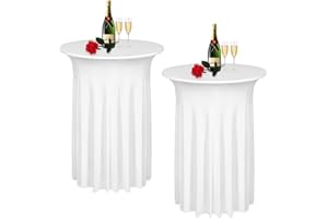 Albassa 2 Pack Cocktail Table Covers 32"x 43" Spandex Stretch Round Cocktail Tablecloths with Wavy Drapes Fitted High Top Bar Table Skirt for Wedding Party Banquet (White, 2 PCS)