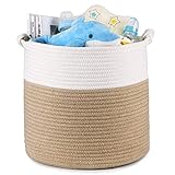 Magicfly Cotton Rope Laundry Baskets, 15 X 15 X 14 Inch Large Baby Nursery Organizer, Toys and Baby Storage Blankets in Baby Nursery or Kids Room, Beige & White