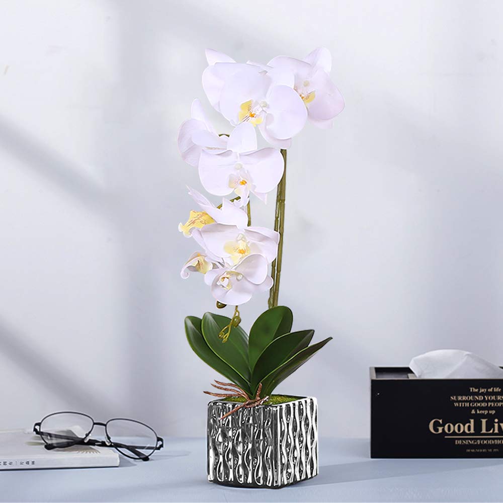 licemall Orchid in Vase Silk Flower Arrangement Decoration Garden Artificial Silk Flowers (White 2)