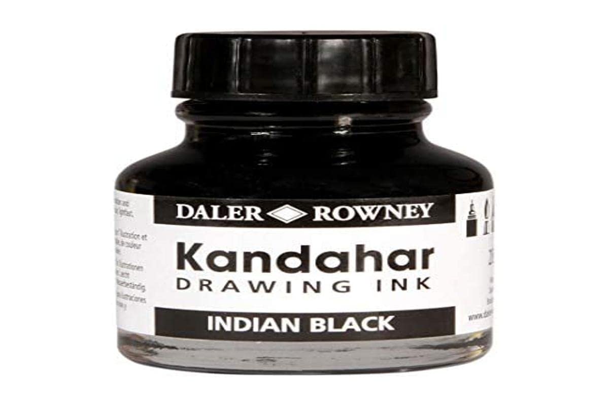 Daler-Rowney Black Kandahar Drawing Ink, 28ml, Illustration and Mixed Media Work, For Professional Artists & Students