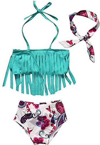 Baby Girls 3 Pcs Swimwear Tassels Halter Top+Floral Bottom+Headband Swimsuit size1-2Years/Tag90 (Blue) - Thumbnail 7