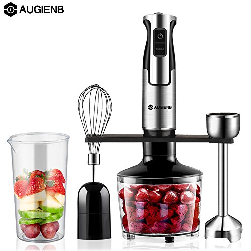 Click Here to See More Images AUGIENB Hand Blender Set, HB-105SD 3-IN-1 Stainless Steel Immersion Hand Blender Mixer with 860ml Food Chopper, Egg Whisk, and 600ml BPA-Free Beaker, 2 Switch Options and 8 Speeds