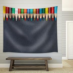 Pattern of Color Pencils Isolated on Black Background Close Up - Fabric Wall Tapestry Home Decor - 51x60 inches