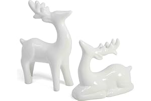Gift Boutique Porcelain Christmas Reindeer Figurines 2 Pack Mini Animal Deer Statues for Holiday Tabletop Mantel Shelves & Fireplace Décor Accents