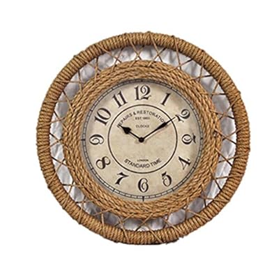 Round Wall Clock Vintage Nostalgic Hemp Rope Wall Clock Cafe Arabic Numerals Decorate Wood Mute Clock Living Room… 51FaYKLNGZL. SS400