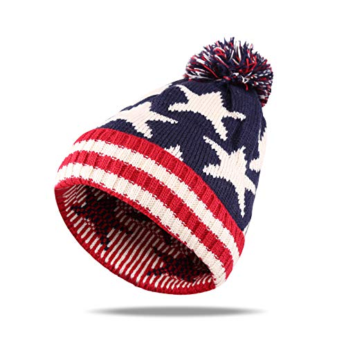 Delila Winter Knitted Pom Beanies Warm Patriotic Skull Cap for Women Men Acrylic Slouchy Ribbed Hat