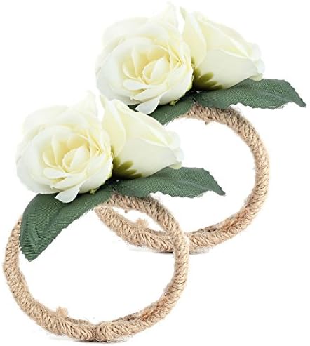 PPARTY 3 Heads Bridal Wrist Corsage Flower Bridemaid Wedding Bouquet Girl Women Use, Natural Hemp Jute Rings, White Roses - PW004