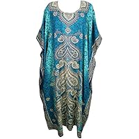 Mogul Interior Women's Kaftan Maxi Dress Summer Blue Coverup Caftan One Size