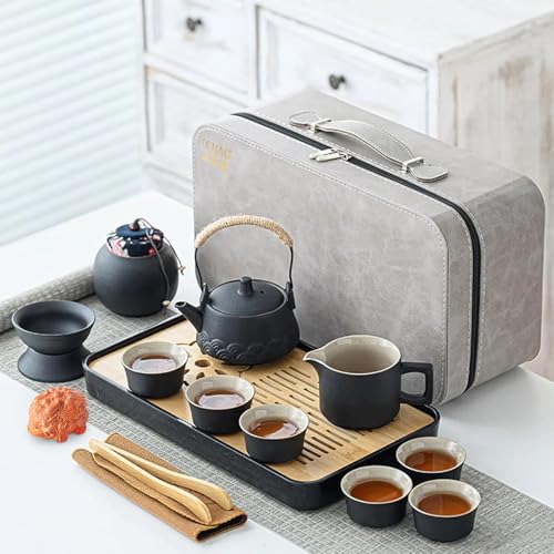 Photo 1 of ICHAG Japanese & Chinese Tea Set, Adults' Portable Gongfu Tea Set with Teapet with Porcelain Teapot, 8oz Teapot,14-Piece ?? for Home/Outdoor/Office Gifts (Gray)