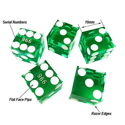 YH Poker Set of 5 Precision 19mm Seriallized Casino dice with Razor Edges and Corners(Green)