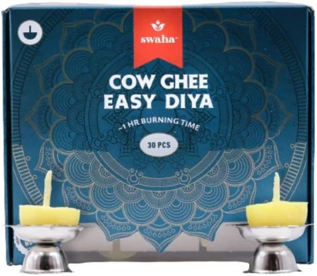 Oil Lamps & Accessories - Swaha Easy Diya ghee Wicks/Diya batti, 30 Pieces, 1hr Burning time, Wax Free, clarified Butter Wicks for Puja, Yoga & Meditation