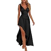 LAGSHIAN Women's Summer V Neck Sleeveless Bodycon Ruched Irregular Hem Cocktail Party Satin Flowy Maxi Dress