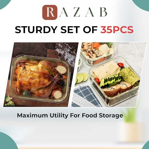 Razab 35 PC Glass Containers Food Storage with Lids - Reusable Glass Meal Prep Containers for Lunch and Leftovers - Airtight & Leakproof Snap Locking Lids - Oven, Freezer, Microwave, Dishwasher Safe