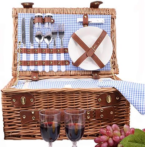 SatisInside New 2019 USA Insulated Deluxe 16Pcs Picnic Hamper Wicker Picnic Basket Set for 2 People - Reinforced Handle - Blue Gingham