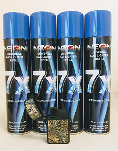 4 Cans of Neon 7x Ultra Refined Butane Fuel FREE waterproof torch lighter