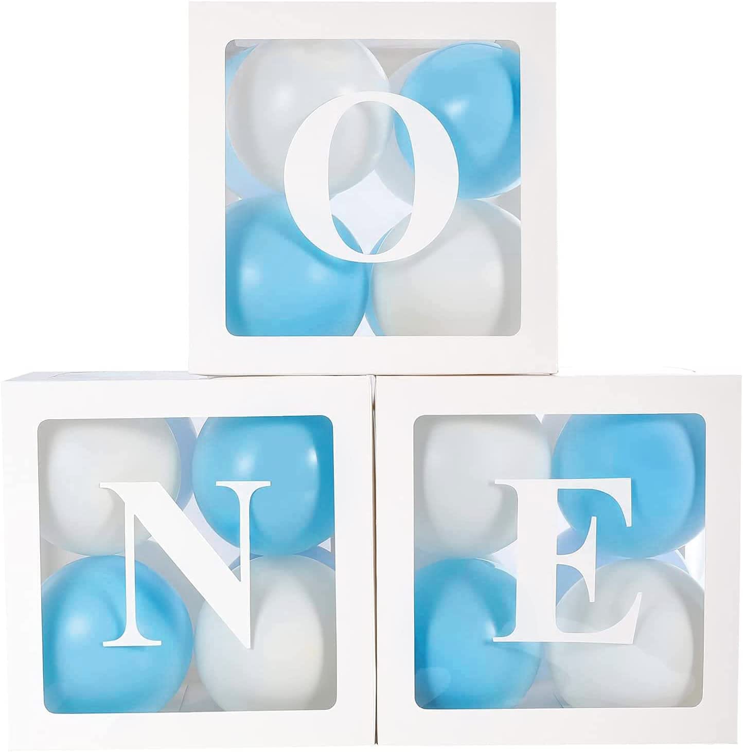 1st Birthday Party Decorations Boxes for Boys, 3Pcs Balloon Boxes with 24 Blue White Balloons and ONE Letters, Balloon Blocks for Baby First Birthday Backdrop, 1 One Year Old Birthdays Party Supplies