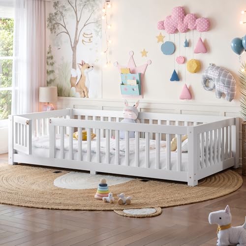 Bellemave Twin Size Floor Bed Frame with Fence and Door for Kids, Montessori Fl…