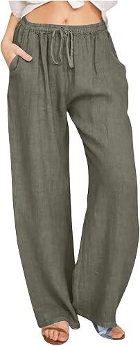 Womens Cotton Linen Pants 2026 Summer Casual Palazzo Pants Drawstring Wide Leg Vacation Beach Trousers with Pockets