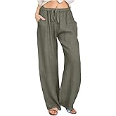 Women's Cotton Linen Pants Summer Drawstring High Waisted Palazzo Pants Casual Wide Leg Yoga Pants with Pockets