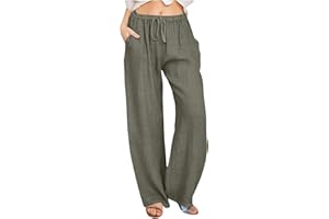 Sczwkhg Women's Cotton Linen Pants 2024 Drawstring High Waisted Casual Loose Fit Wide Leg Palazzo Yoga Trousers with Pockets