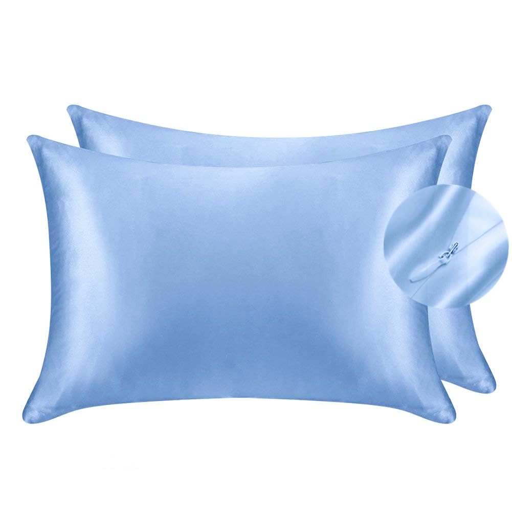 Silky Luxury Satin Pillow Case for Hair & Facial Skin to prevent wrinkles Hidden Zipper (Light Blue, Standard(50x75cm) 2 Pk)