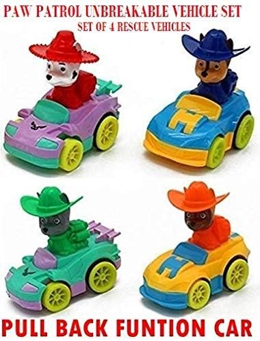 CocoRio 4 Pcs Pull Back Car Set of Paw Patrol Rescue Vehicles - Unbreakable Vehicle Set of 4 : Chase, Marshall, Rocky & Zuma