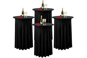 Albassa 4 Pack Cocktail Table Covers 32"x 43" Spandex Stretch Round Cocktail Tablecloths with Wavy Drapes Fitted High Top Bar Table Skirt for Wedding Party Banquet (Black, 4 PCS)