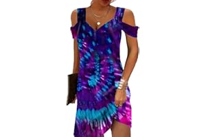 FULLVEB Summer Casual Cold Shoulder Dresses for Women 2024 Trendy Boho Ethnic Floral Tribal Marble Print V Neck Mini Dress