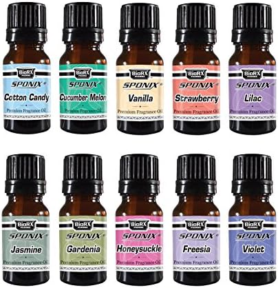 Top Fragrance Oil Set - Best 10 Scented Perfume Oil - Cotton Candy, Strawberry, Vanilla, Gardenia, Lilac, Jasmine, Cucumber Melon, Violet, Freesia & Honeysuckle - Premium Grade - 10 mL by Sponix