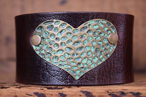 Magnolia Studio Women's Handmade Heart Valentine's Day Love Adjustable Upcycled Leather Cuff Bracelet Wristband Bangle Wrap