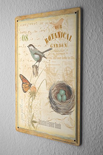 Nostalgic Tin Sign botanical garden bird bird nest Butterfly flower 8X12"