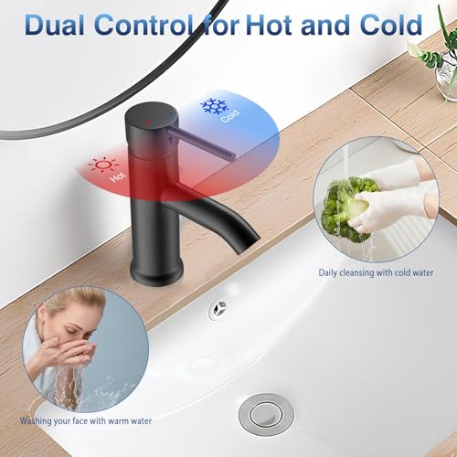 Round Stainless Steel Bathroom Faucet, Matte Black Basin Faucet with 2 Hoses, Scratch Resistant and Corrosion Resistant Hot and Cold Sink Mixer Tap for Vanities Basins Bathroom