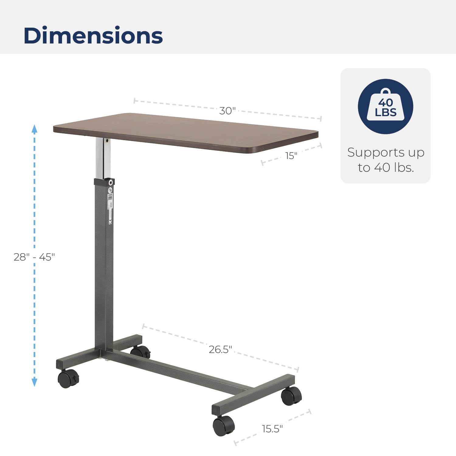 Drive Medical 13067 Non Tilt Top Overbed Table with Wheels and Secure Height Adjustment,Tray Table for Hospital or Home Use, Bedside Rolling Overbed Table, Silver Vein