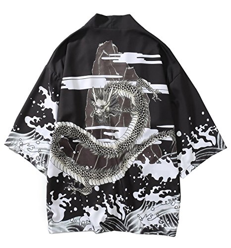 Men's Kimono Yukata Cardigan Casual Dragon Pattern Open Front Coat (White, X-Large)