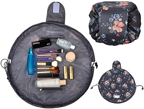 Drawstring Lazy Makeup Bag Waterproof Toiletry Organize Large Cosmetic Pouch (Dark gray flower)