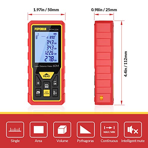 Advanced Laser Measure 196Ft POPOMAN, M/In/Ft Mute Laser Distance Meter with Electronic Angle Sensor and Backlit LCD, Measure Distance, Area and Volume - Carry Pouch and Battery Included - MTM120A