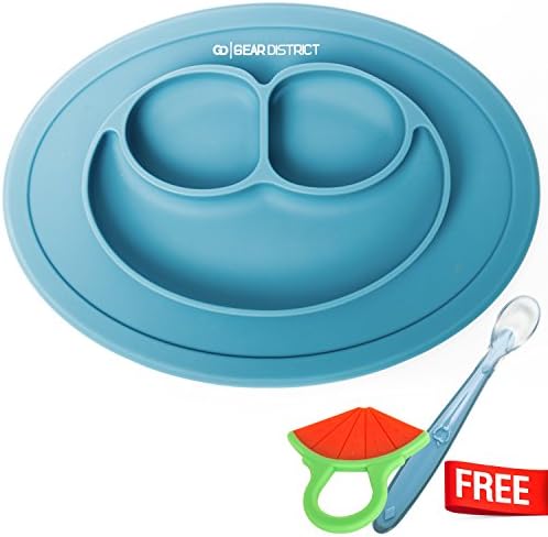 Baby Silicone Placemat, Non-toxic, Hypo-allergenic, Table Suction, FDA Approved, BPA-free, Dishwasher safe with Silicone Spoon and Teething Toy (Blue)