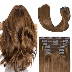 UGOTRAYS Clip in Hair Extensions,Chestnut Brown