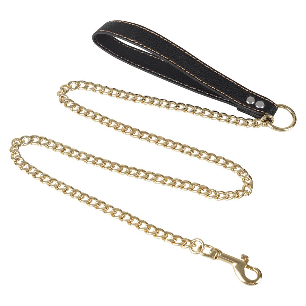 DONGKER Pet Chain Lead, 4ft Chew Proof 360° Rotating Gold Dog Chain Leash with leather Padded Handle for Medium Large Dogs Training Walking (withstand 132lbs Tension)