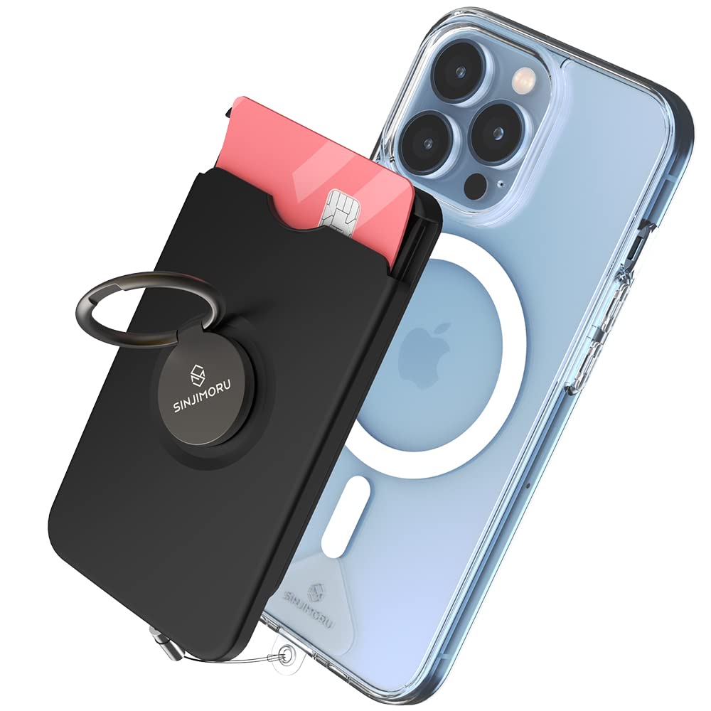 Sinjimoru Cell Phone Wallet for MagSafe with Phone Ring Holder, Secure Magnetic Card holder with Phone Grip & Kickstand for MagSafe Case & iPhone 15 14 13 12 Series. M-Ringo Slot Black