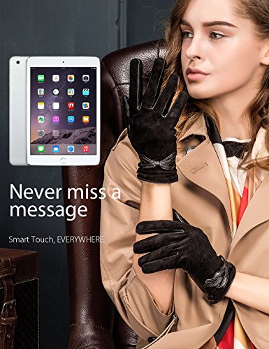 YISEVEN Women's Touchscreen Sheepskin Suede Dress Leather Gloves Bow Elegant Bow Knot Hand Warm Flecce Fur Lined Work Xmas Gifts Ladies Winter Accessories Luxury Driving, Black 7.5"/Large
