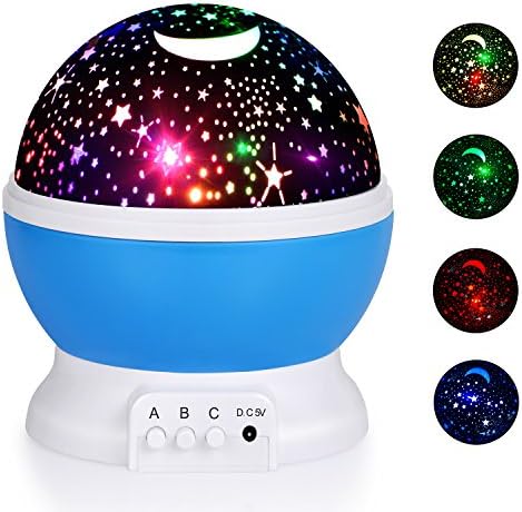 Roseny NL-1 Star Moon Rotating Projector Night Lighting Lamp, 4 LED Bulbs 8 Modes with USB Cable, Best for Bedroom Nursery Kids Baby