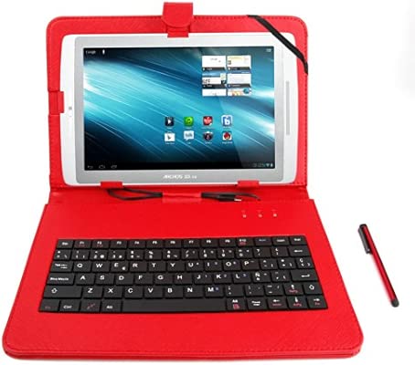 Duragadget Fundateclado Color Rojo En Español Con Letra ñ Para Archos 101 Xs 80 Xenon 101 Titanium Con Conexión Microusb Lápiz Stylus Función
